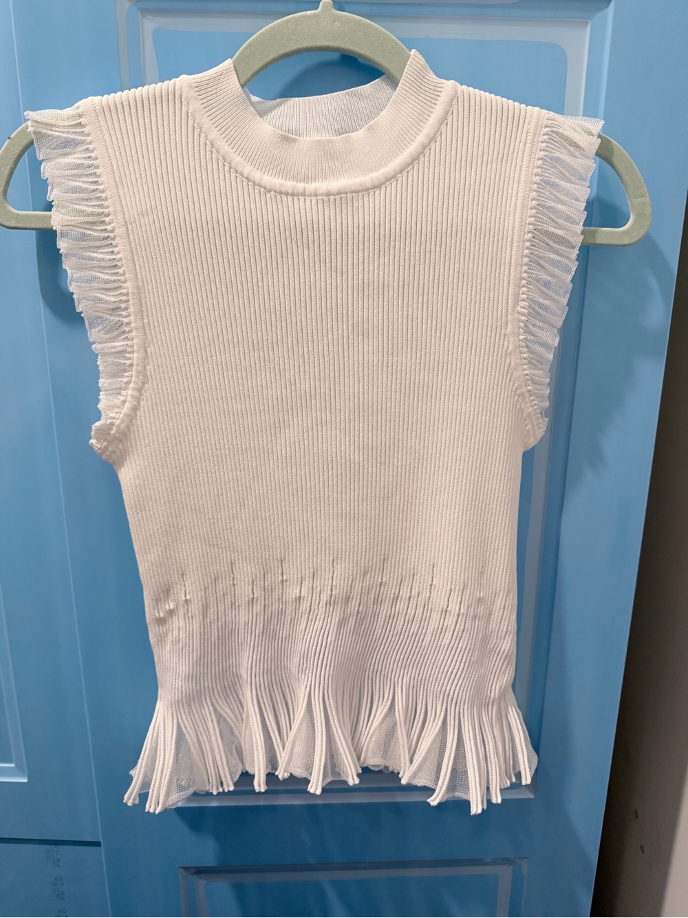 Sleeveless White Fringe Ribbed Knit Top